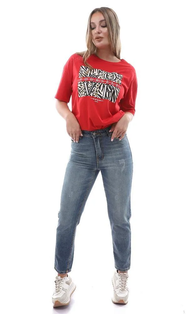 94871 "Love Yourself " Printed Loose Fit Red Top