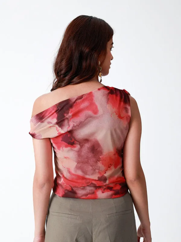 Abstract Printed One Twisted Shoulder Top