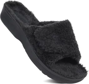 AEROTHOTIC Soft Fuzzy Slippers Outdoor and Indoor with Non-Slip Sole Stylish Straps Comfortable Womens Slippers Open Toe Home Travel Vacation Wear