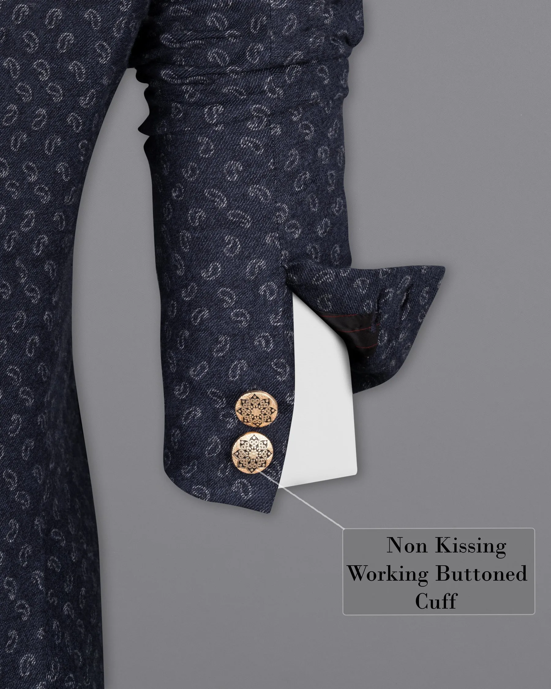 Baltic Sea Navy Blue Paisley Textured Flannel Premium Cotton Bandhgala Designer Blazer - Enhance description for English readability.