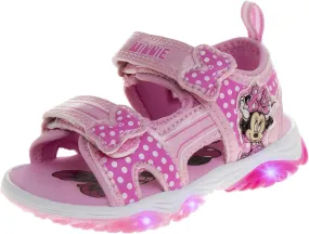 Disney Girls Minnie Mouse Sandals LED Light Up Water Shoes - SlipOn Waterproof Adjustable Strap Character Slides (OpenToe/ClosedToe) (Toddler/Little Kid)