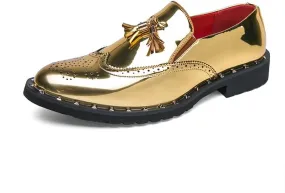 Dress Oxford for Men Slip On Round Toe PU Leather Shiny with Tassel Brogue Wingtips Low Top Block Heel Rubber Sole Anti-Slip Non Slip Outdoor
