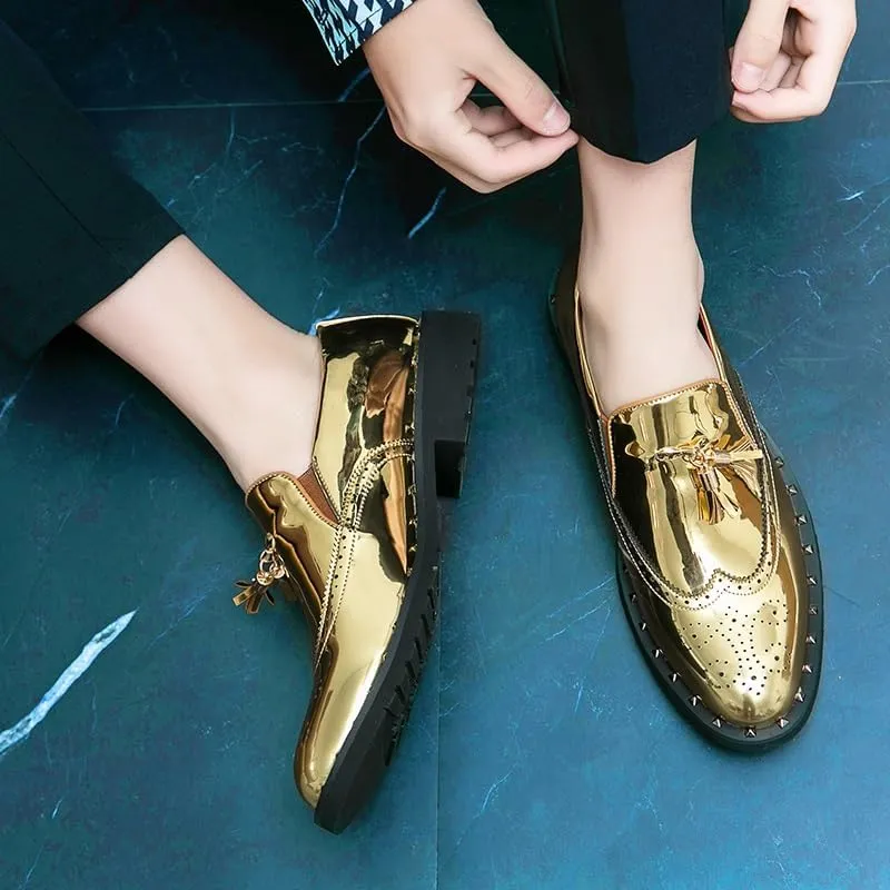 Dress Oxford for Men Slip On Round Toe PU Leather Shiny with Tassel Brogue Wingtips Low Top Block Heel Rubber Sole Anti-Slip Non Slip Outdoor