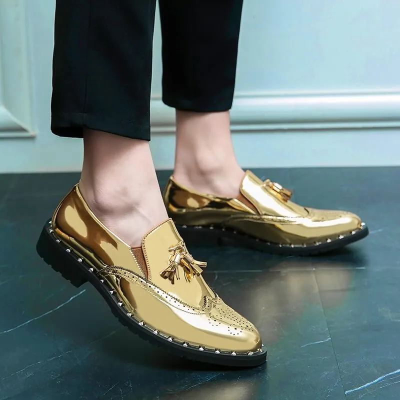 Dress Oxford for Men Slip On Round Toe PU Leather Shiny with Tassel Brogue Wingtips Low Top Block Heel Rubber Sole Anti-Slip Non Slip Outdoor