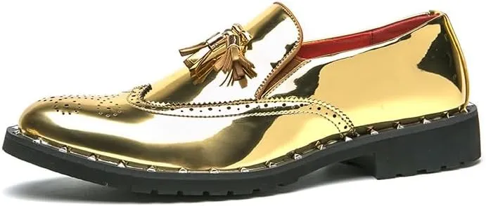 Dress Oxford for Men Slip On Round Toe PU Leather Shiny with Tassel Brogue Wingtips Low Top Block Heel Rubber Sole Anti-Slip Non Slip Outdoor