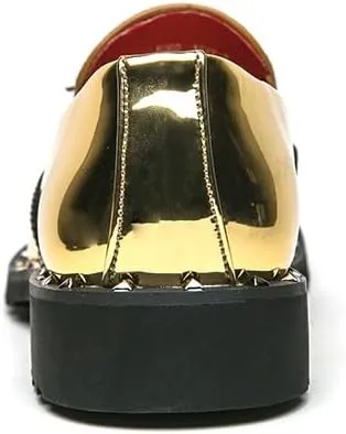Dress Oxford for Men Slip On Round Toe PU Leather Shiny with Tassel Brogue Wingtips Low Top Block Heel Rubber Sole Anti-Slip Non Slip Outdoor