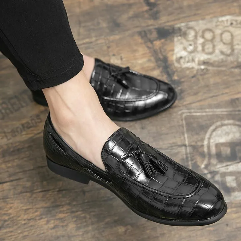 Dress Oxford Shoes for Men Slip On Plaid Pattern Tassel PU Leather Apron Toe Rubber Sole Low Top Block Heel Outdoor