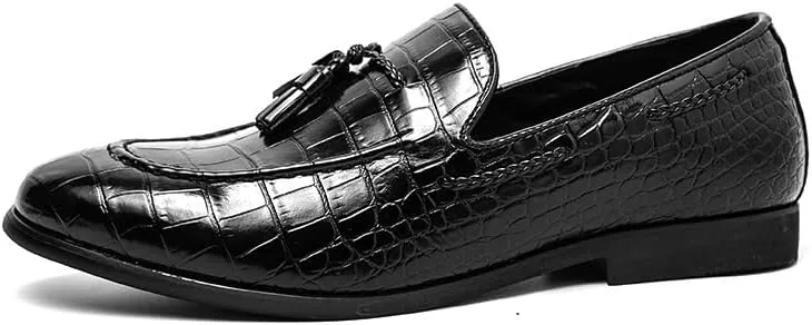 Dress Oxford Shoes for Men Slip On Plaid Pattern Tassel PU Leather Apron Toe Rubber Sole Low Top Block Heel Outdoor
