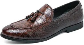 Dress Oxford Shoes for Men Slip On Plaid Pattern Tassel PU Leather Apron Toe Rubber Sole Low Top Block Heel Outdoor