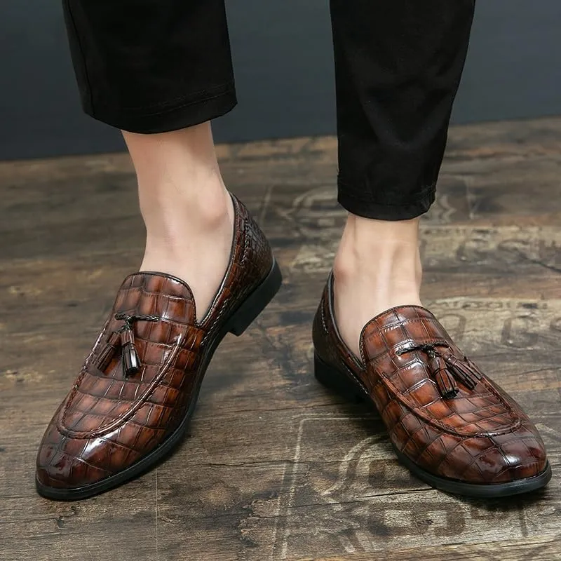 Dress Oxford Shoes for Men Slip On Plaid Pattern Tassel PU Leather Apron Toe Rubber Sole Low Top Block Heel Outdoor