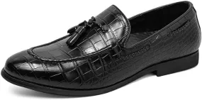 Dress Oxford Shoes for Men Slip On Plaid Pattern Tassel PU Leather Apron Toe Rubber Sole Low Top Block Heel Outdoor