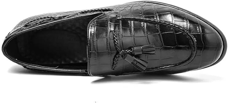 Dress Oxford Shoes for Men Slip On Plaid Pattern Tassel PU Leather Apron Toe Rubber Sole Low Top Block Heel Outdoor