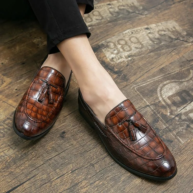 Dress Oxford Shoes for Men Slip On Plaid Pattern Tassel PU Leather Apron Toe Rubber Sole Low Top Block Heel Outdoor