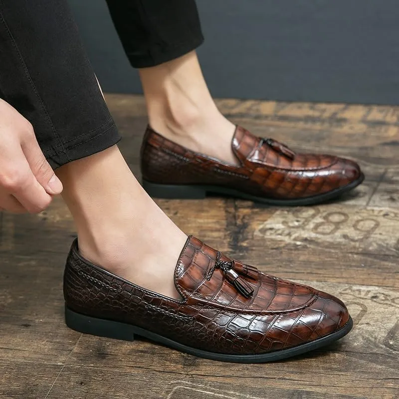 Dress Oxford Shoes for Men Slip On Plaid Pattern Tassel PU Leather Apron Toe Rubber Sole Low Top Block Heel Outdoor