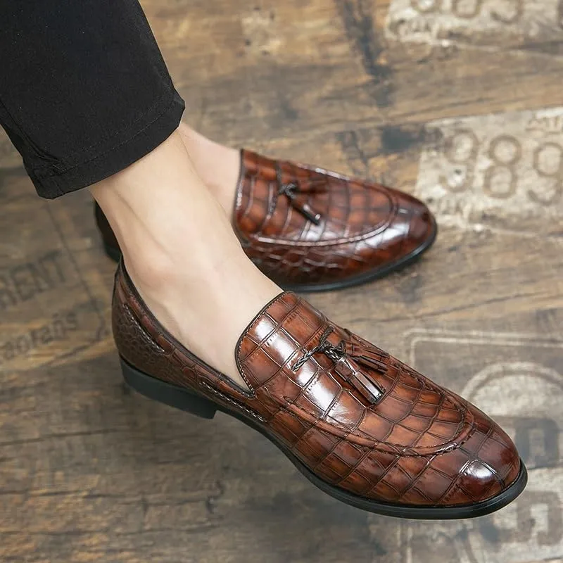 Dress Oxford Shoes for Men Slip On Plaid Pattern Tassel PU Leather Apron Toe Rubber Sole Low Top Block Heel Outdoor