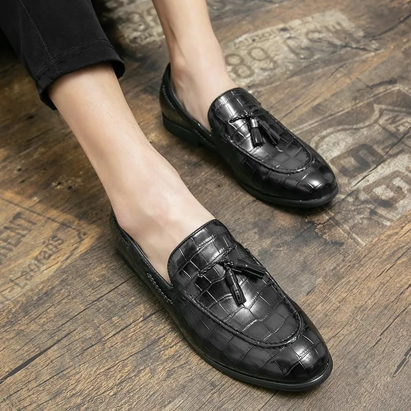 Dress Oxford Shoes for Men Slip On Plaid Pattern Tassel PU Leather Apron Toe Rubber Sole Low Top Block Heel Outdoor