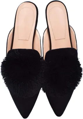 Fericzot Slip On Mule Backless Loafers Flats Puff Pompom Pointed Toe Casual Shoes Slippers