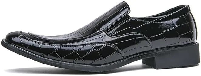Formal Dress Shoes for Men Slip On Square Burnished Toe Apron Toe Block Pattern Rubber Sole Block Heel Slip Resistant Outdoor