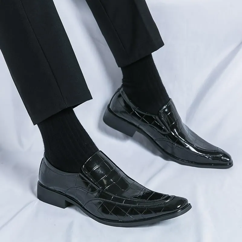 Formal Dress Shoes for Men Slip On Square Burnished Toe Apron Toe Block Pattern Rubber Sole Block Heel Slip Resistant Outdoor