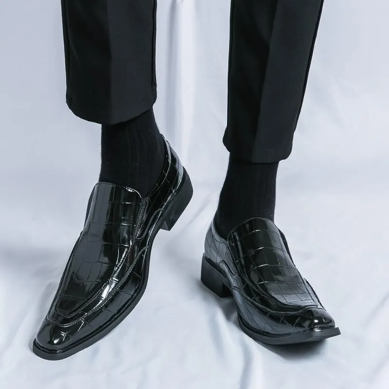 Formal Dress Shoes for Men Slip On Square Burnished Toe Apron Toe Block Pattern Rubber Sole Block Heel Slip Resistant Outdoor