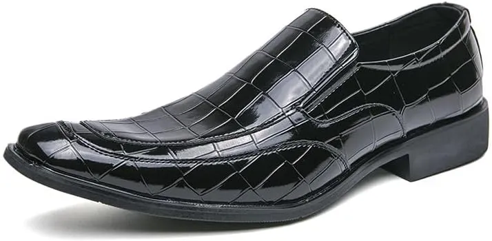 Formal Dress Shoes for Men Slip On Square Burnished Toe Apron Toe Block Pattern Rubber Sole Block Heel Slip Resistant Outdoor