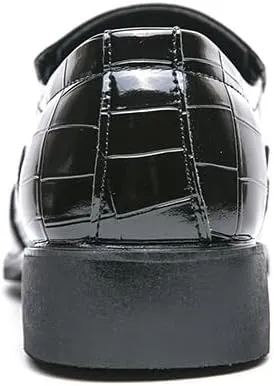 Formal Dress Shoes for Men Slip On Square Burnished Toe Apron Toe Block Pattern Rubber Sole Block Heel Slip Resistant Outdoor