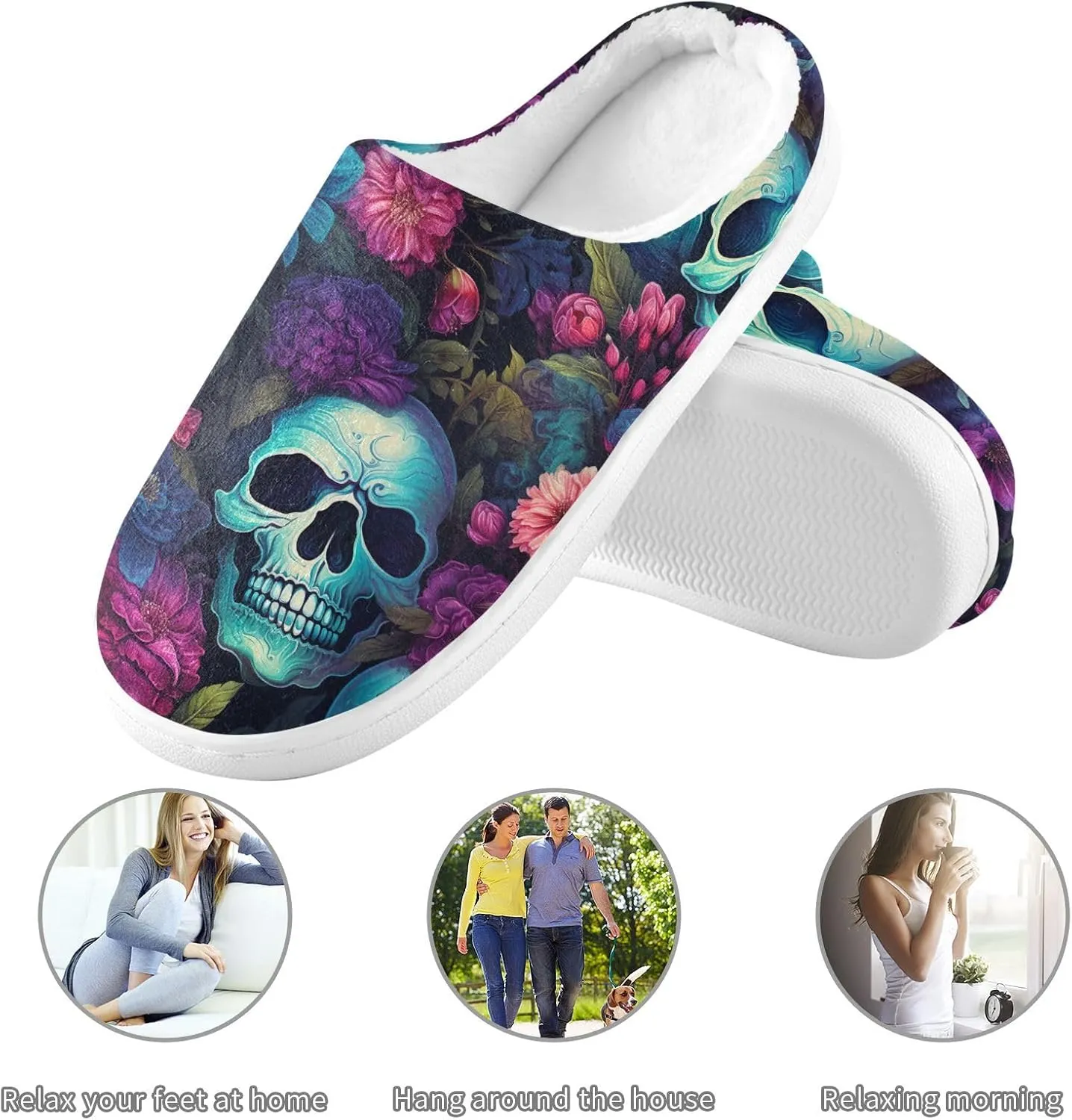 Gothic Skull Slippers for Women Men Indoor Slippers Memory Foam Fuzzy Slippers House Shoes for Indoor Outdoor Size 6/7 214a5164