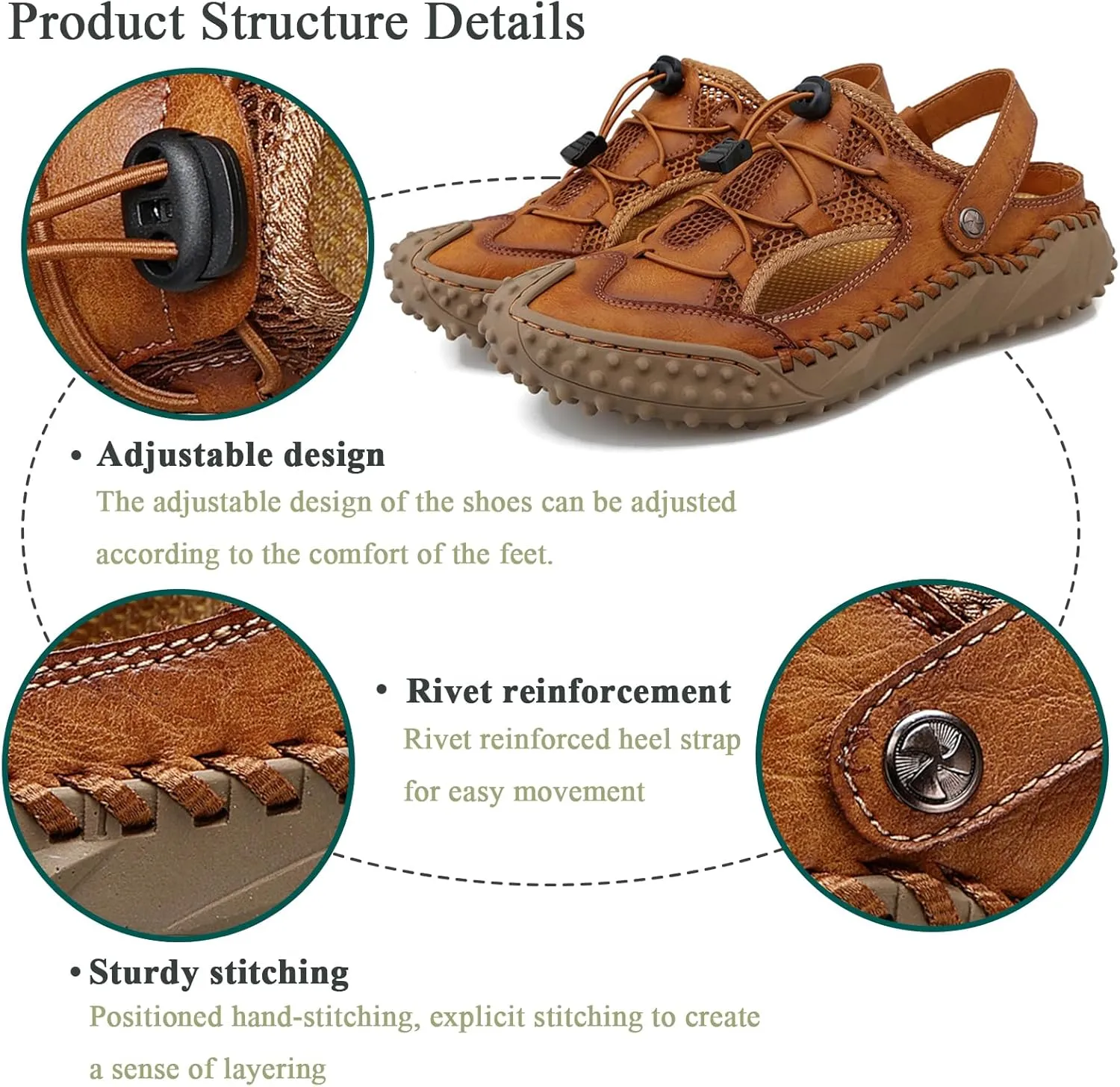 Hiking Sandals for Men Lightweight Breathable Leather Non Slip Walking Shoes with Adjustable Strap Sports Sandles for Trekking Camping Beach