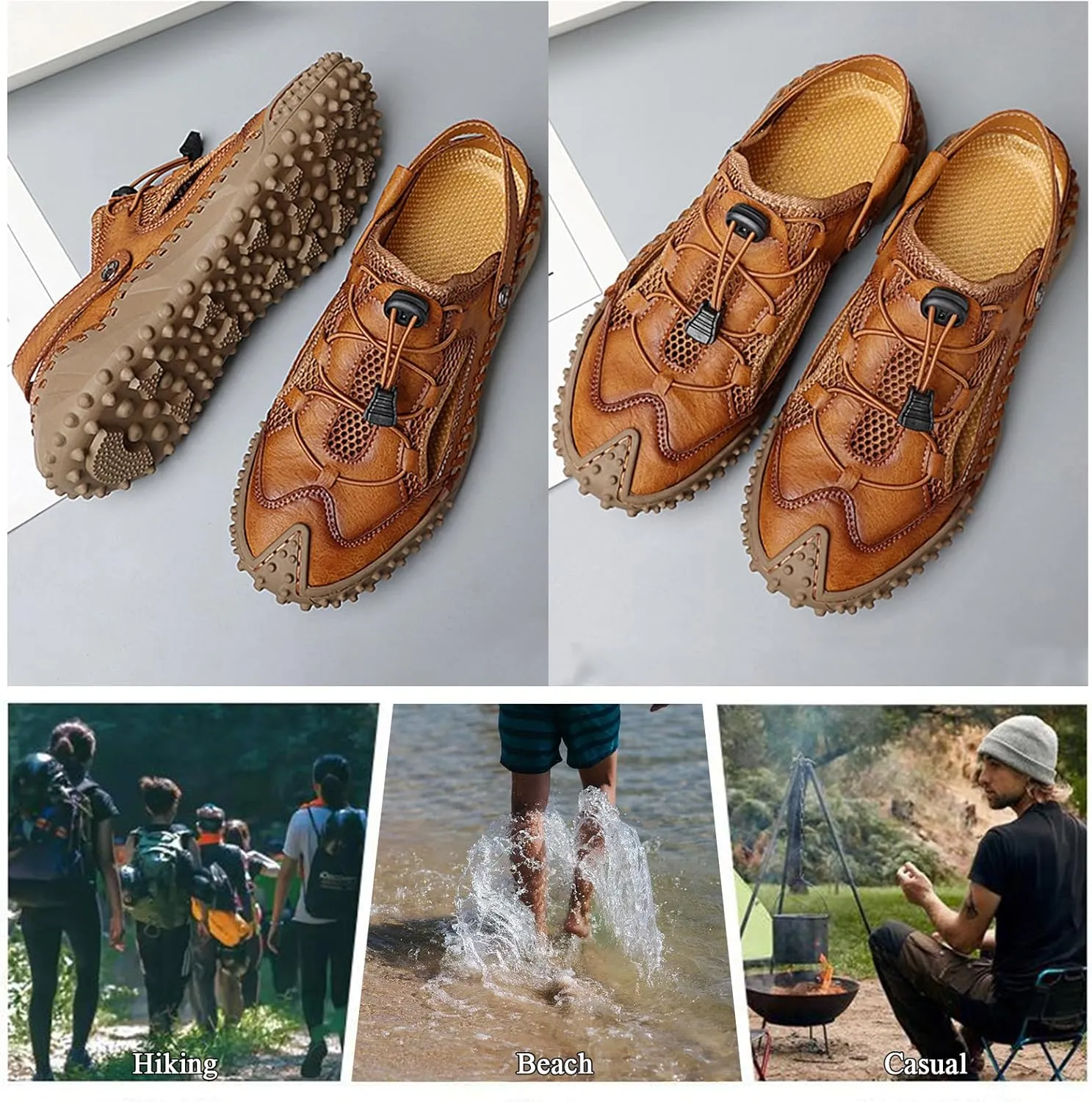 Hiking Sandals for Men Lightweight Breathable Leather Non Slip Walking Shoes with Adjustable Strap Sports Sandles for Trekking Camping Beach