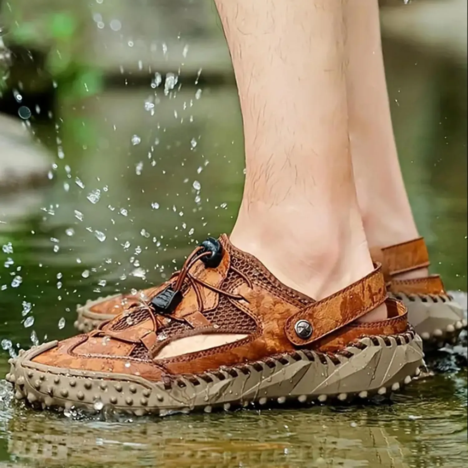 Hiking Sandals for Men Lightweight Breathable Leather Non Slip Walking Shoes with Adjustable Strap Sports Sandles for Trekking Camping Beach