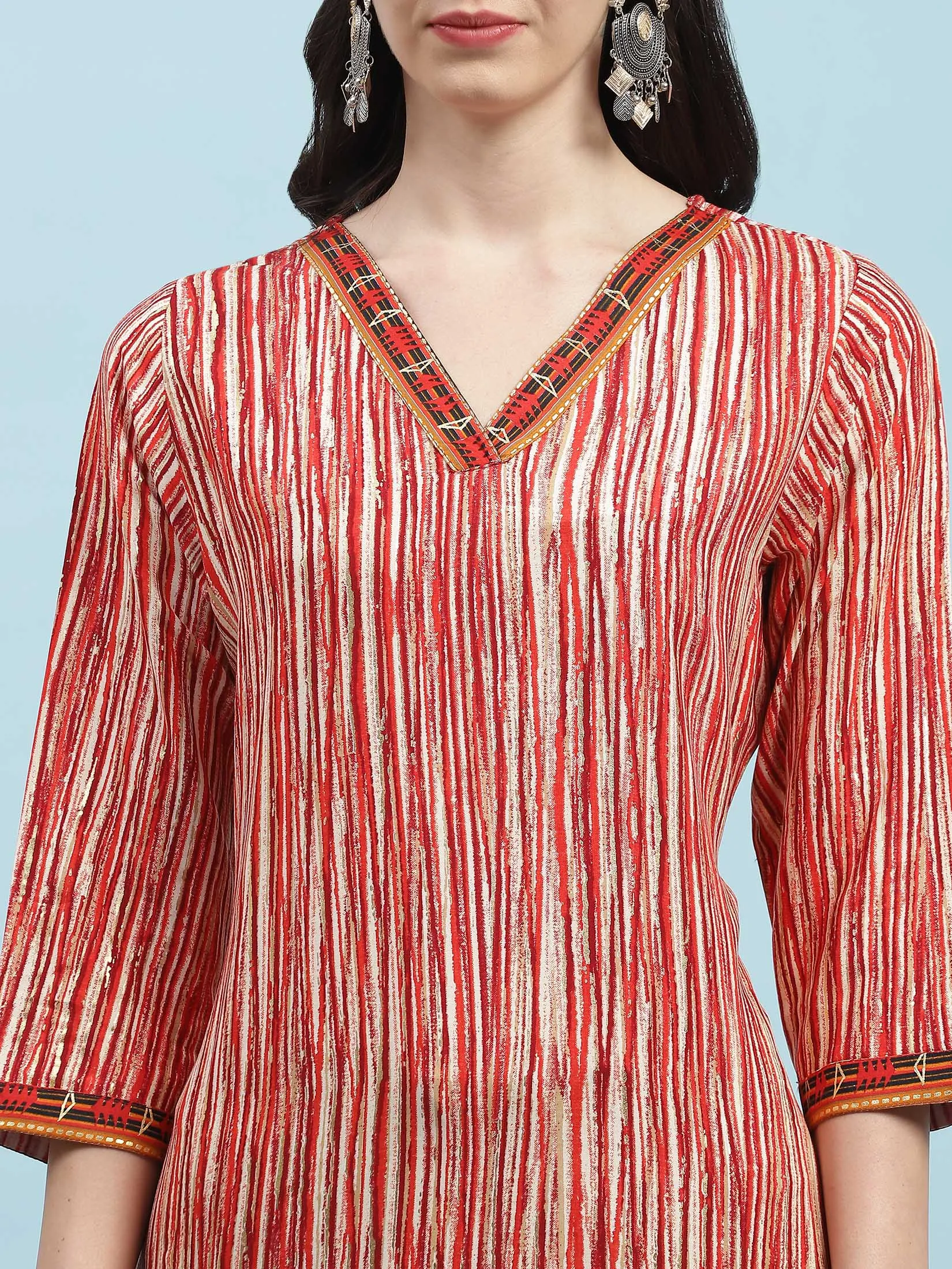 Indiessence Red Stripe Printed Kurta
