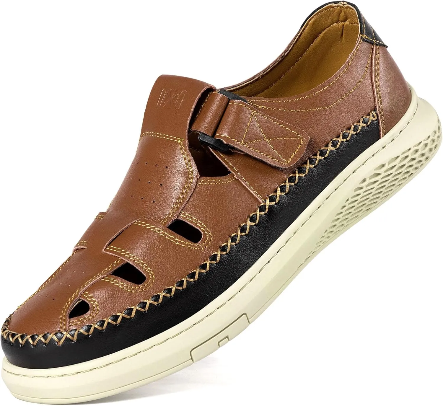MAIZUN Men's Leather Sandals Outdoor Casual Closed Toe Sport Sandals Summer Fisherman Beach Shoes with Adjustable for Athletic Hiking Walking Size 7.5