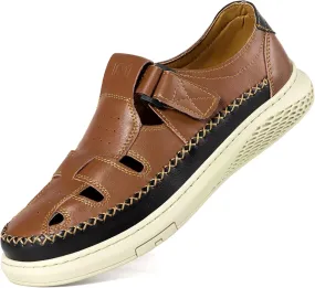 MAIZUN Men's Leather Sandals Outdoor Casual Closed Toe Sport Sandals Summer Fisherman Beach Shoes with Adjustable for Athletic Hiking Walking Size 7.5