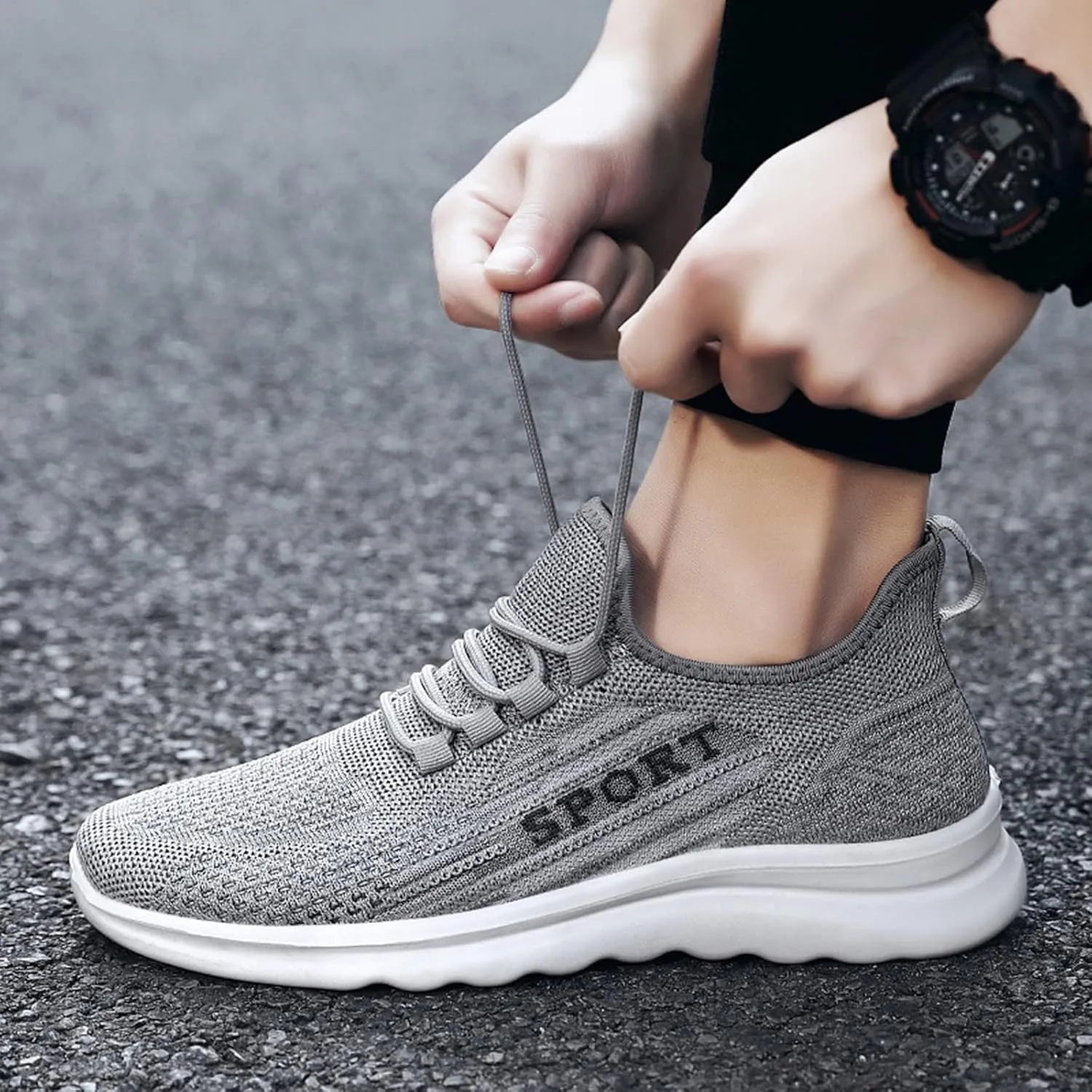 Mens Loafers & Slip-Ons Fashion Autumn Men Sports Flat Non Slip Lace Up Fly Woven Mesh Breathable Solid Color
