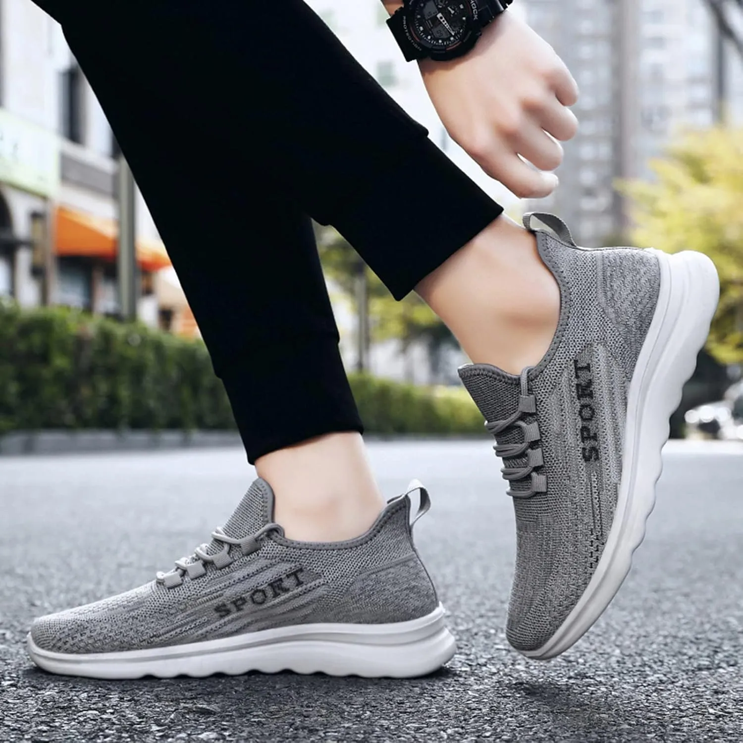 Mens Loafers & Slip-Ons Fashion Autumn Men Sports Flat Non Slip Lace Up Fly Woven Mesh Breathable Solid Color