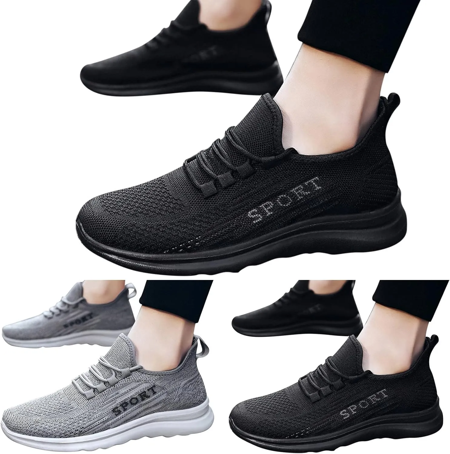 Mens Loafers & Slip-Ons Fashion Autumn Men Sports Flat Non Slip Lace Up Fly Woven Mesh Breathable Solid Color