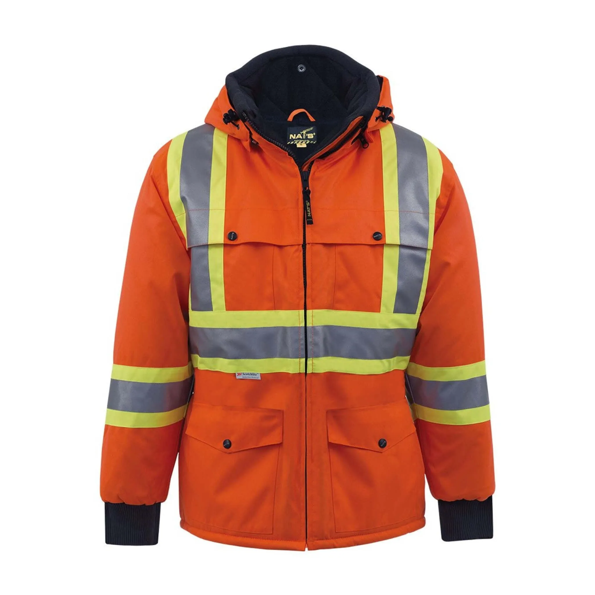 Nats Men's Hi Vis Winter Work Jacket 600D CSA Poly Insulated Waterproof Reflective, Durable, Comfortable, Taped Seams, Detachable Hood | Sizes XS-5XL