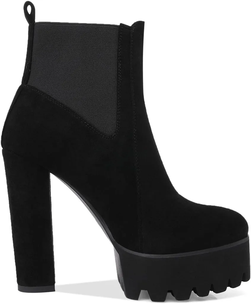 Richealnana Women's Elastic Platform Boots Round Toe Chunky High Heel Pull on Ankle Booties