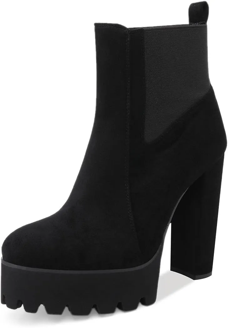 Richealnana Women's Elastic Platform Boots Round Toe Chunky High Heel Pull on Ankle Booties