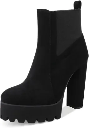 Richealnana Women's Elastic Platform Boots Round Toe Chunky High Heel Pull on Ankle Booties