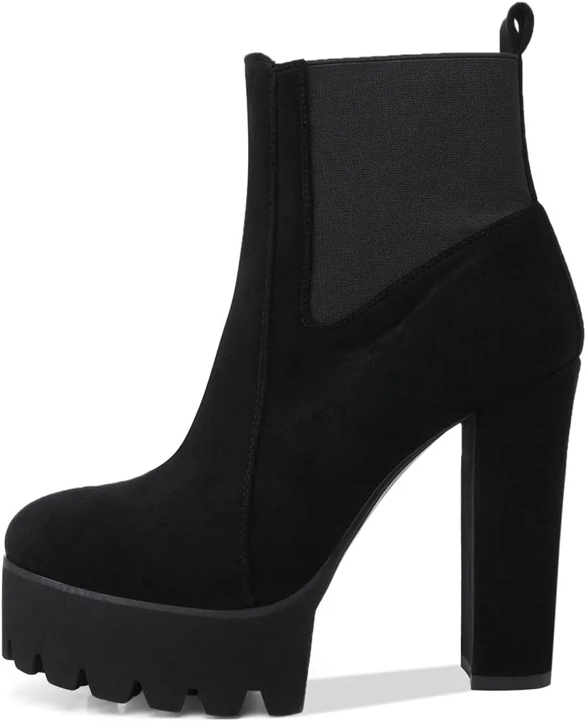 Richealnana Women's Elastic Platform Boots Round Toe Chunky High Heel Pull on Ankle Booties