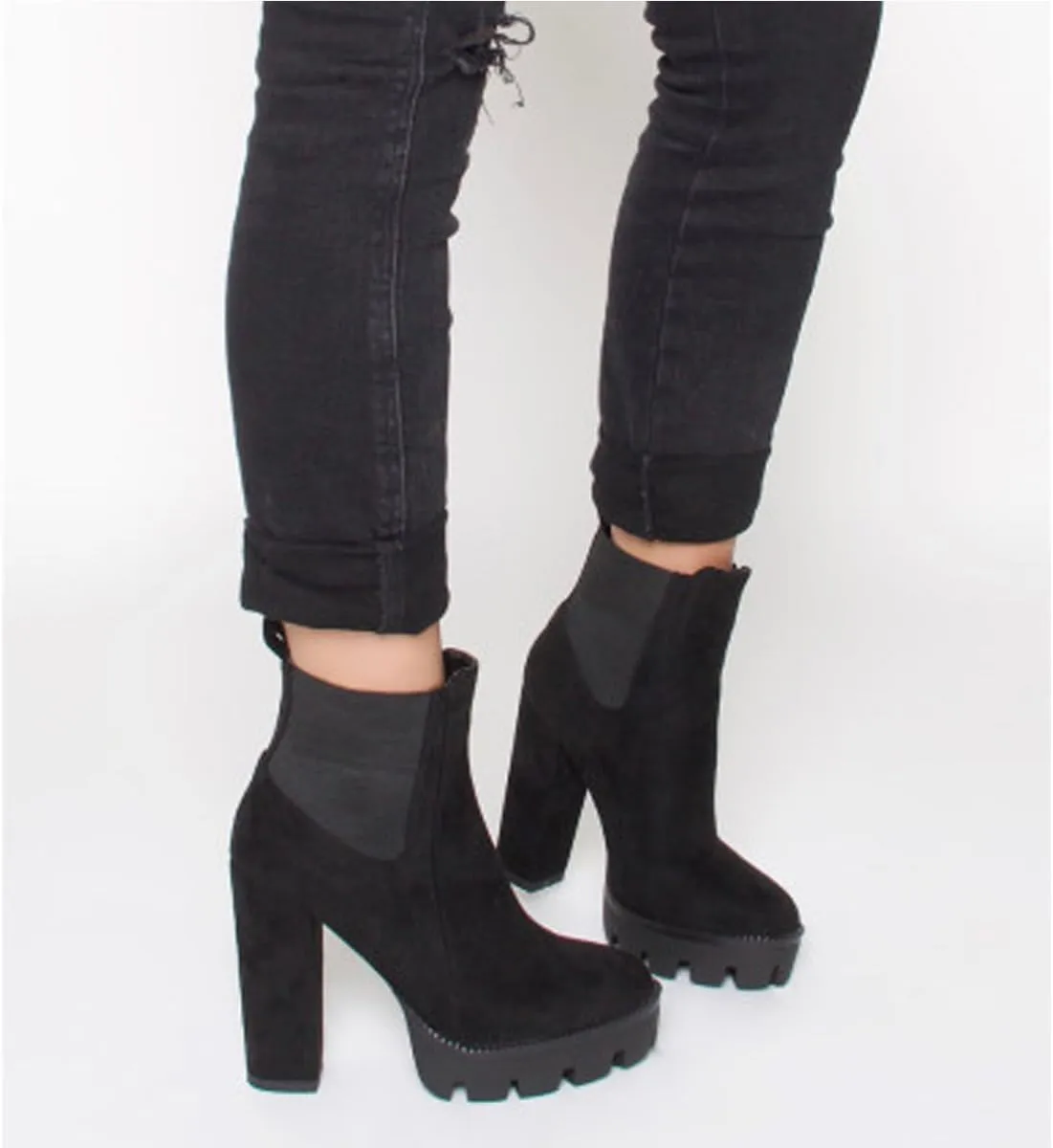 Richealnana Women's Elastic Platform Boots Round Toe Chunky High Heel Pull on Ankle Booties
