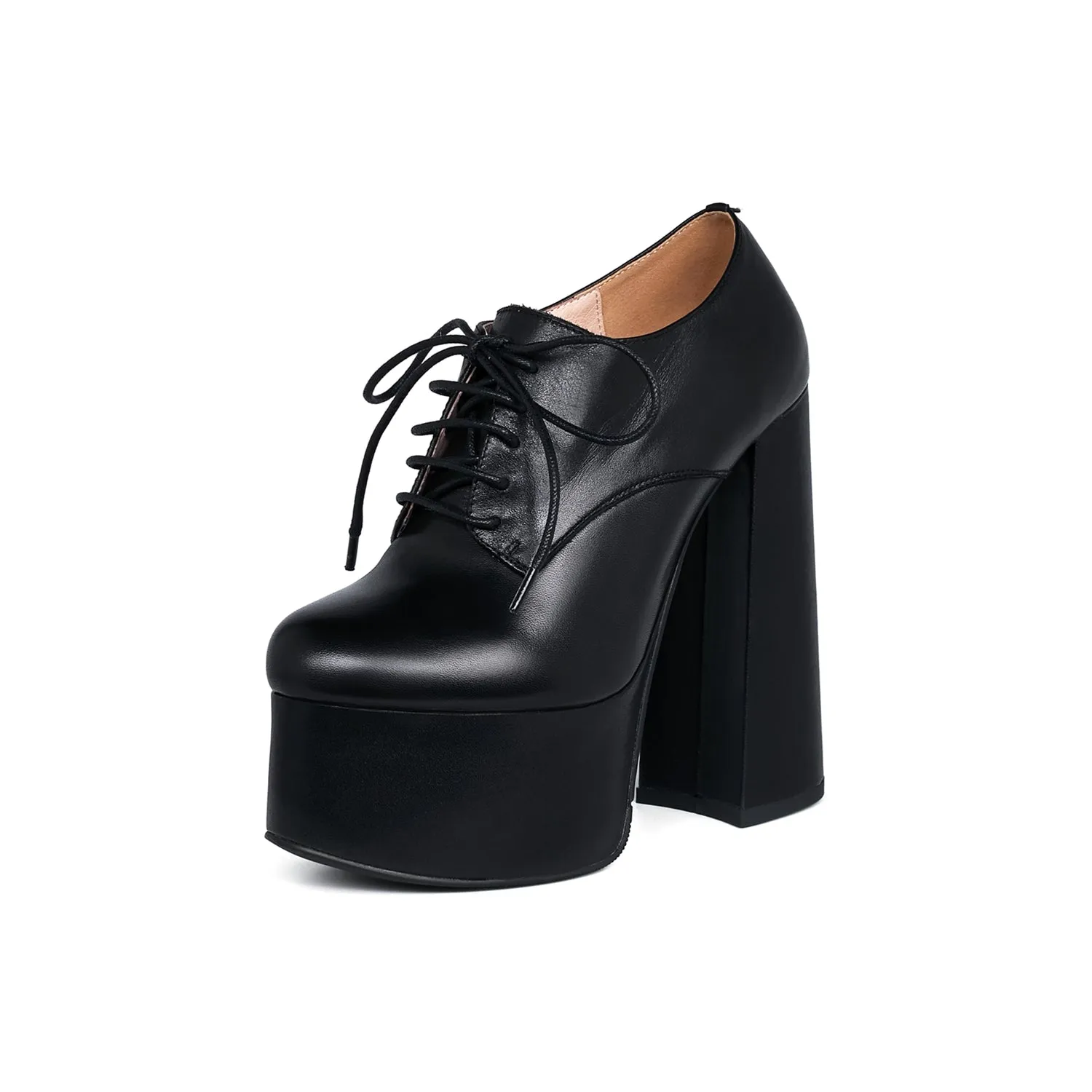 TinaCus Women's Leather Handmade Pointed Toe Supper High Chunky Heel Lace Up Pump Shoes