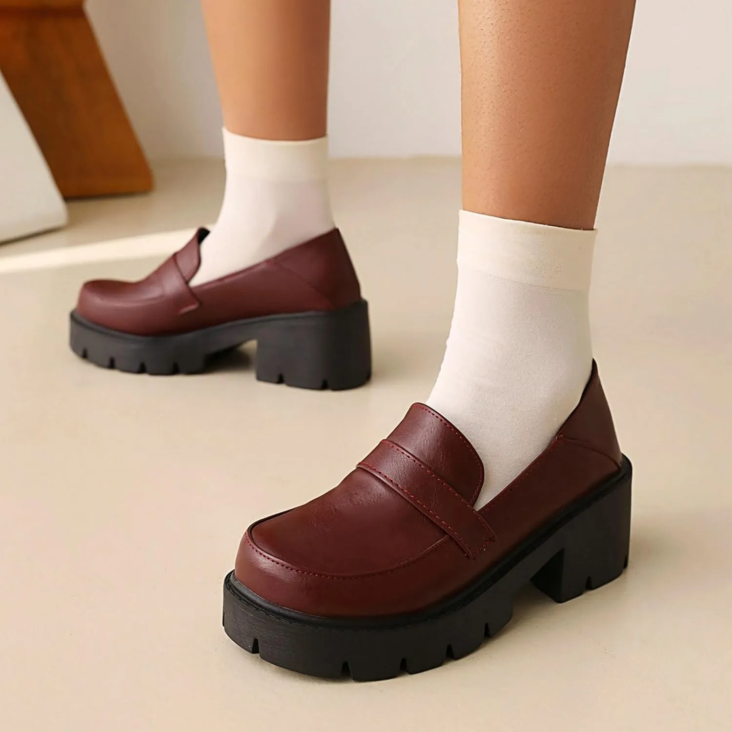 Uniquelly Platform Loafers for Women Chunky Loafers Round Toe Penny Loafers Lug Sole Mid Heel Slip On Comfort Fashion Business Work Shoes