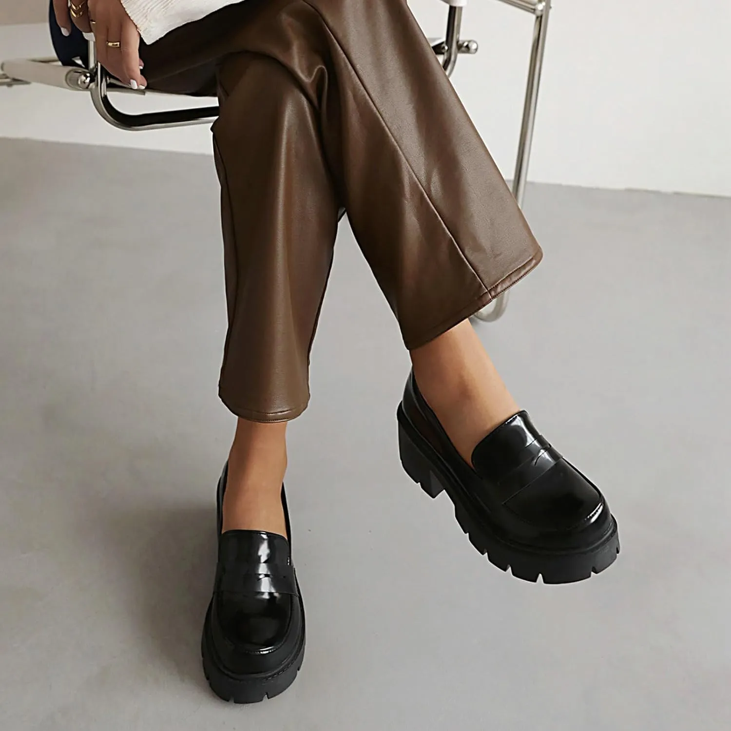 Uniquelly Platform Loafers for Women Chunky Loafers Round Toe Penny Loafers Lug Sole Mid Heel Slip On Comfort Fashion Business Work Shoes
