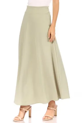 Women's Casual Solid High Waisted Flare A-line Midi Skirt with Elastic Waistband
