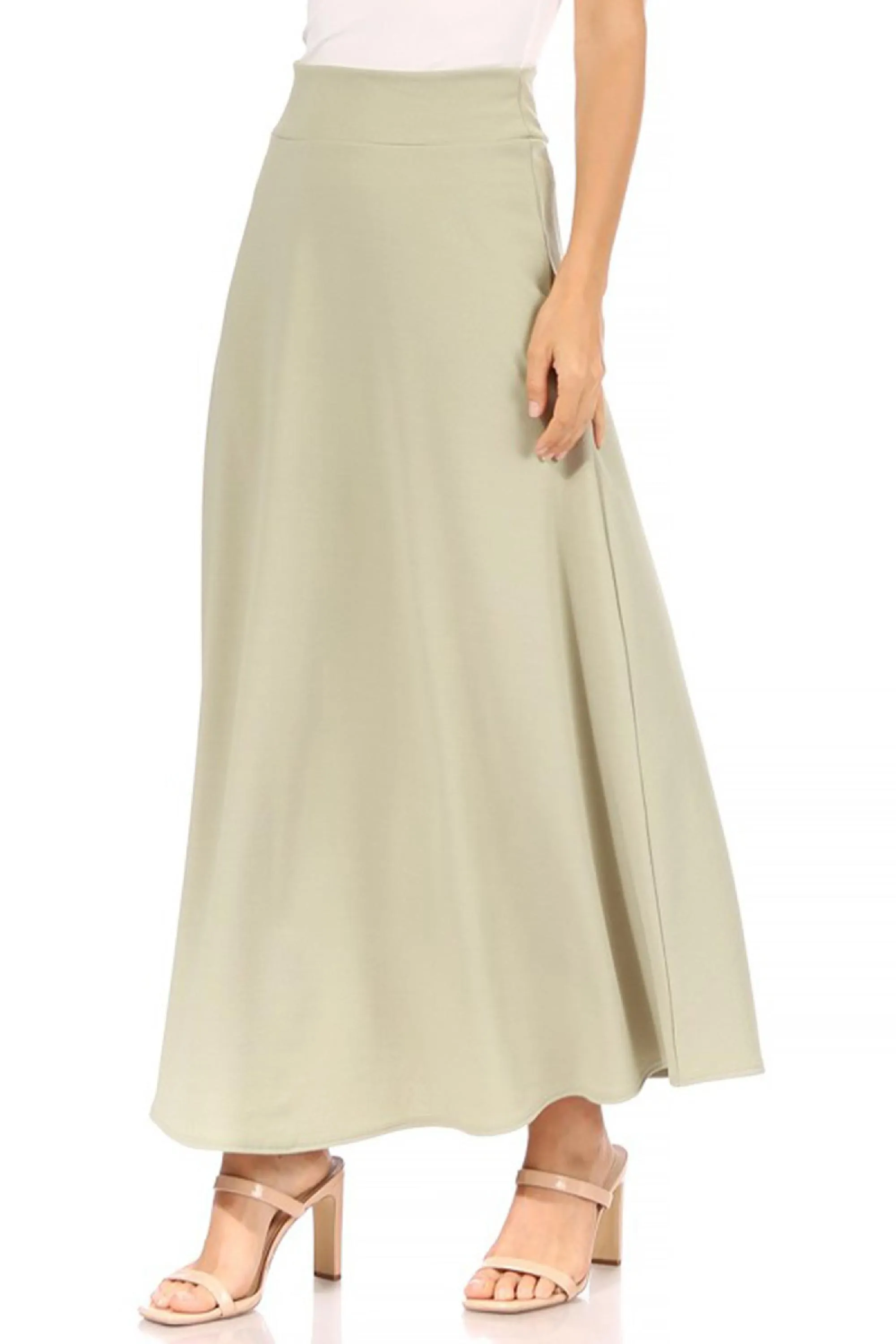 Women's Casual Solid High Waisted Flare A-line Midi Skirt with Elastic Waistband