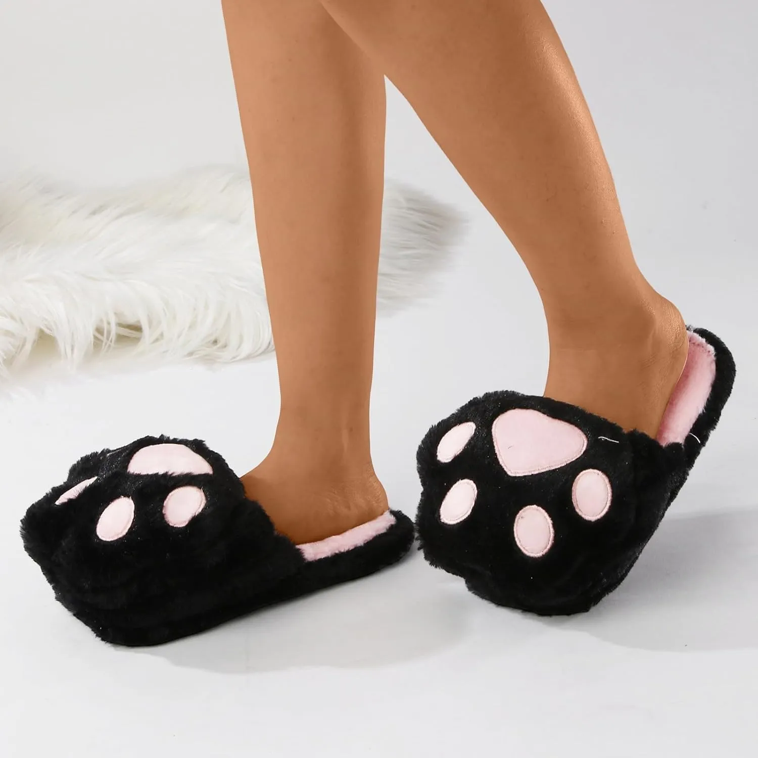 Women's Fuzzy Slippers Simulation Cat Slippers Plus Velvet Warm Summer for Women Memory Foam