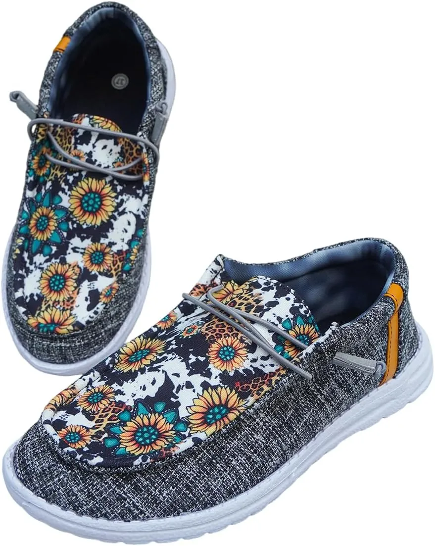 Women's Wendy Dudes Floral Sunflower Canvas Lace-Up Low Top Slip-On Loafers, Lightweight Casual Walking Shoes, Comfortable Flat Sneakers with Arch Support