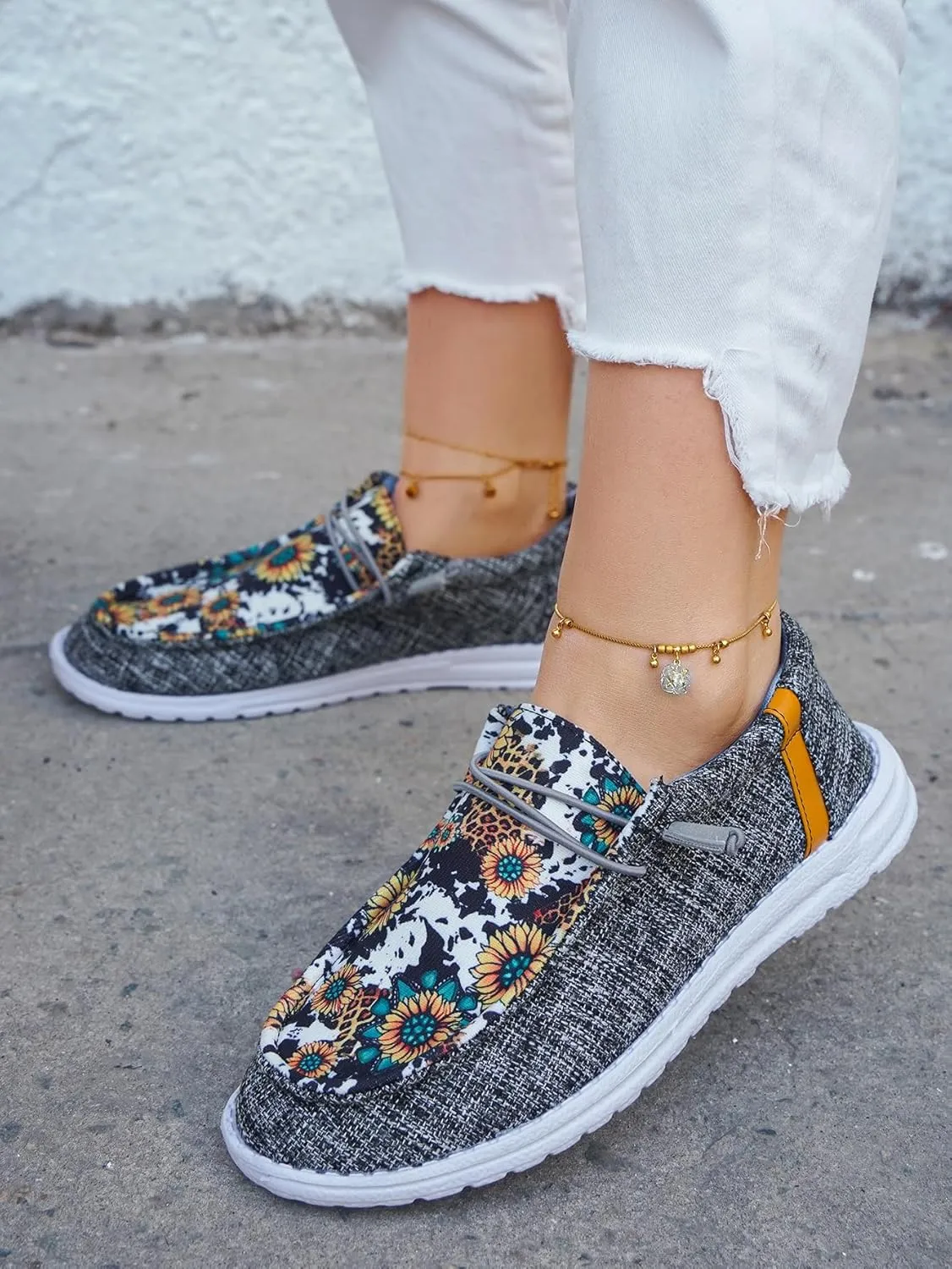 Women's Wendy Dudes Floral Sunflower Canvas Lace-Up Low Top Slip-On Loafers, Lightweight Casual Walking Shoes, Comfortable Flat Sneakers with Arch Support